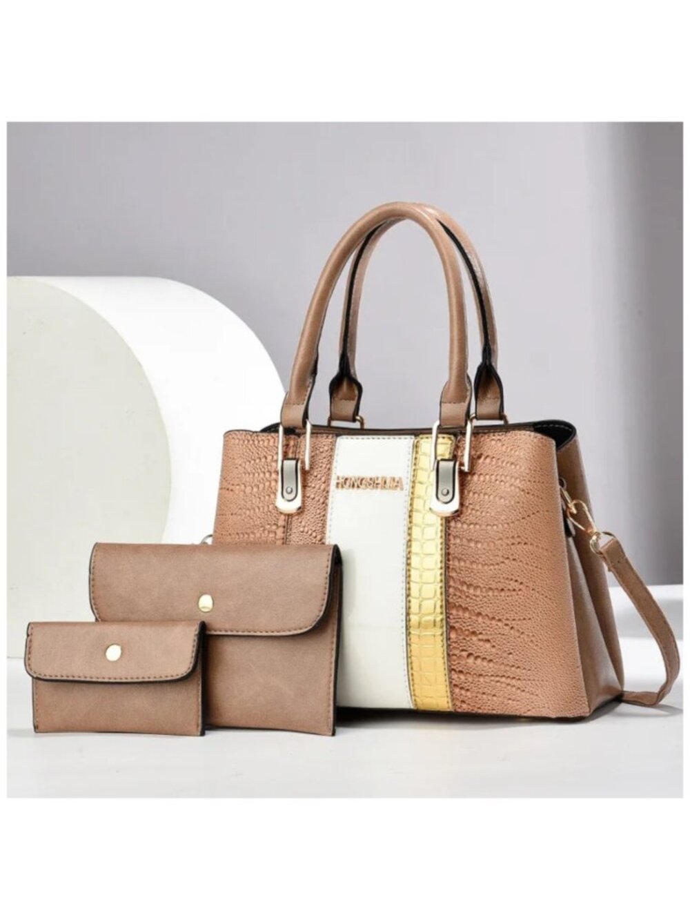 Women Triple Compartment Faux Crocodile Grain Leather Bag Crossbody Handbag Set